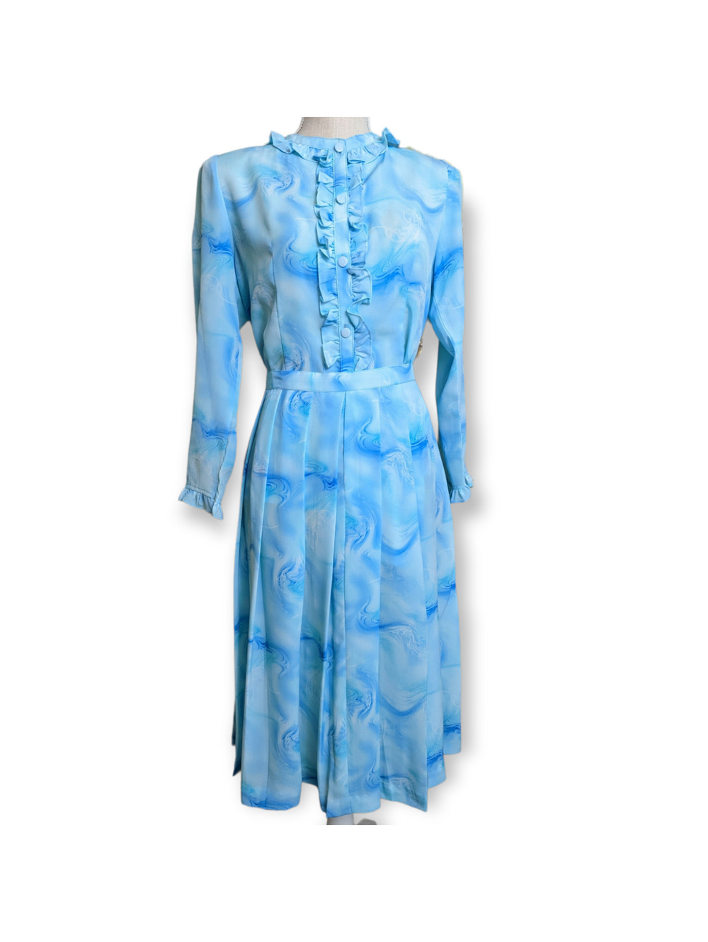 1980s Silk Blue Watercolor Two Piece Blouse and Pleated Skirt Set